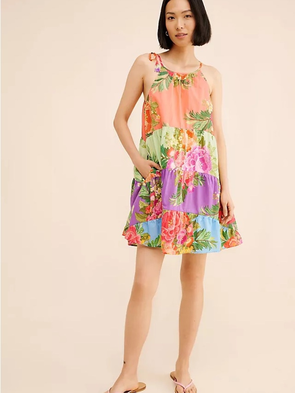 FARM Rio X Anthropologie Women's Halter Floral Tiered Mini Dress Size Large